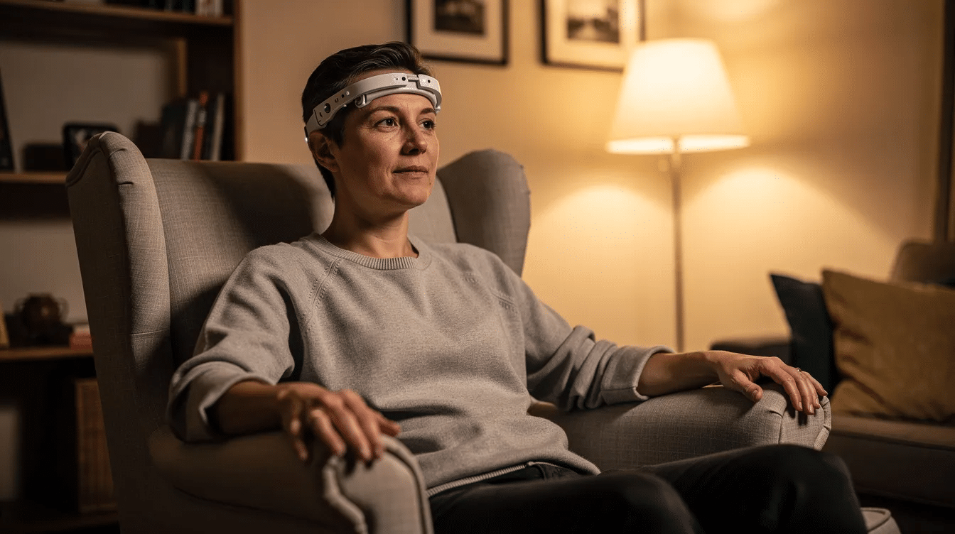 Biofeedback EEG à domicile : ce que les appareils de neurofeedback à domicile peuvent et ne peuvent pas faire 1 Une personne est assise calmement dans un salon, portant un bandeau EEG léger lors d'une séance de neurofeedback à domicile